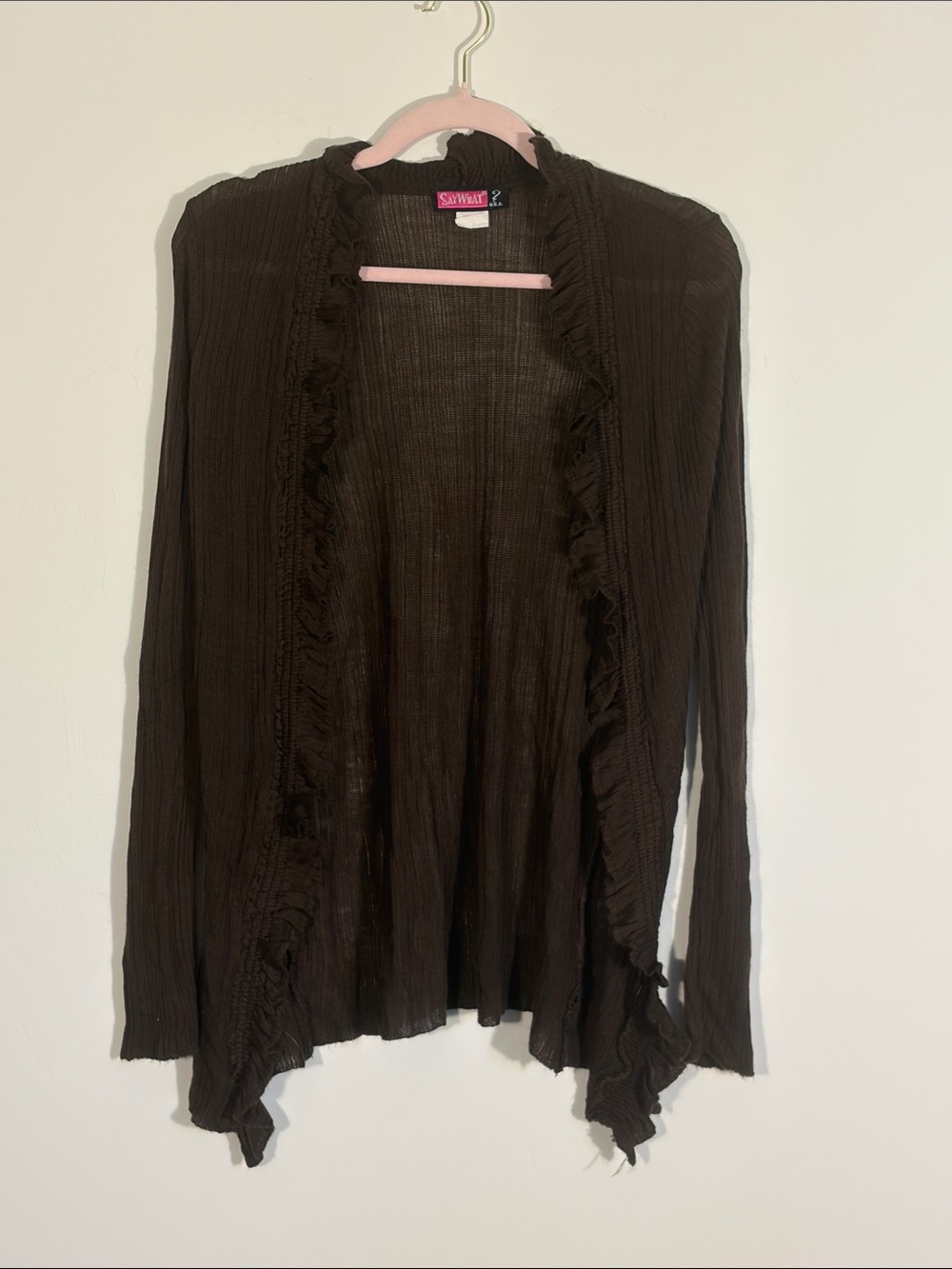 Y2K Say What? Dark Brown Ruffle-Trim Open-Front Cardigan